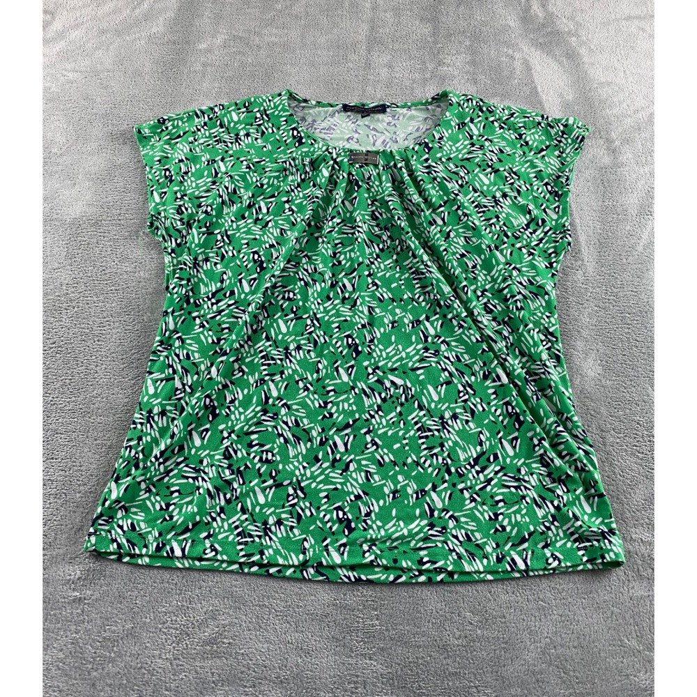 Adrienne Vittadini‎ Green Abstract Print Pleated Neck Blouse Silver Logo Bar M